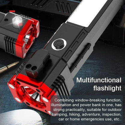 Portable LED Flashlight – 4 Light Modes, Power Bank & Emergency Safety Hammer